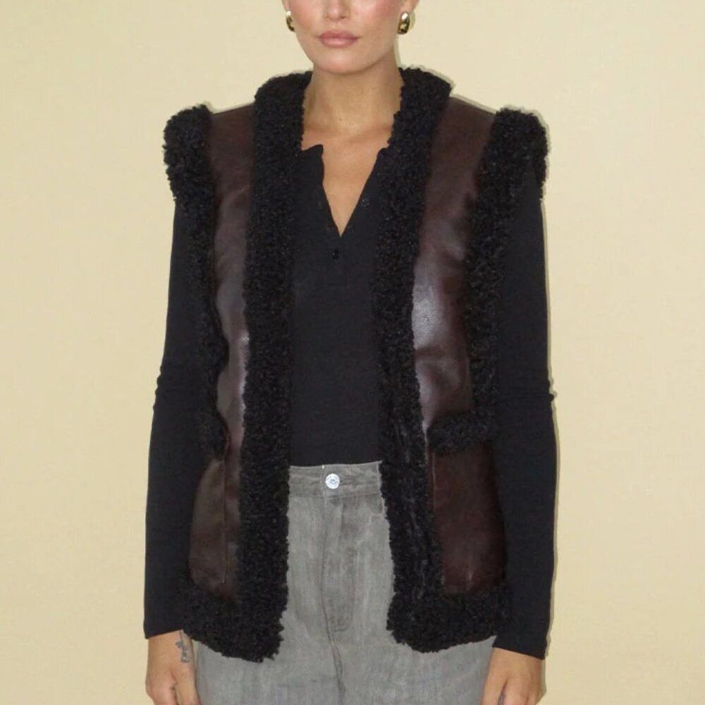 WeWoreWhat Reversible Sherpa Vegan Leather Vest Size Large Brown Black